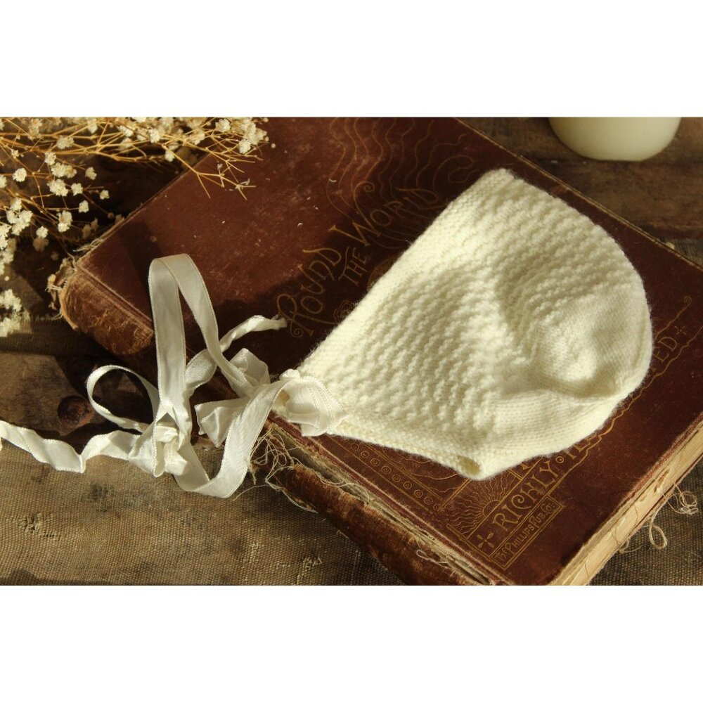 Vintage 1950s Baby Bonnet, Winter White Knit with Ribbon Ties, Infant Hat or Cap